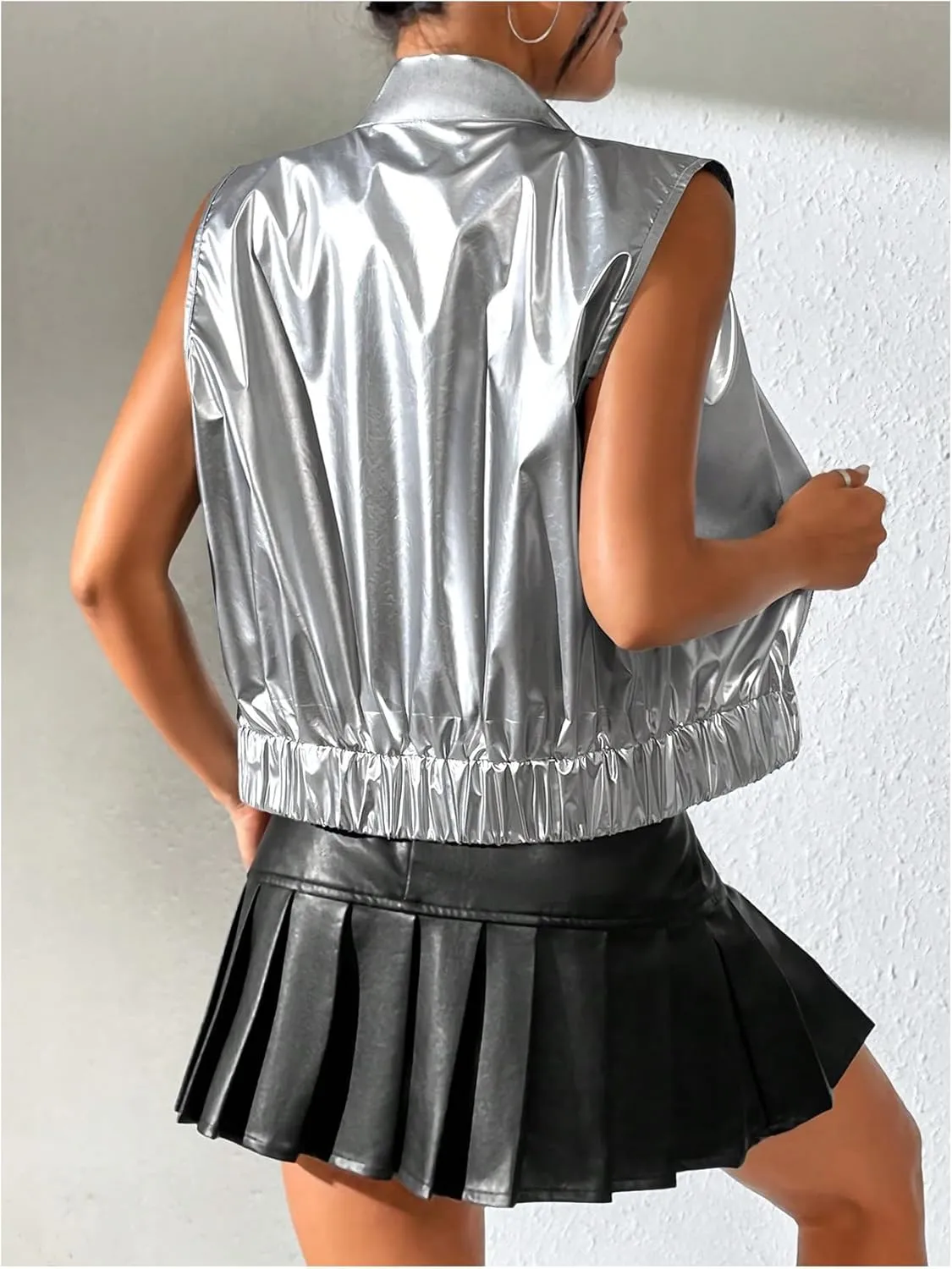 Women's Metallic Zip Front Mock Neck Collar Crop Tank Top Sleeveless Vest Jacket