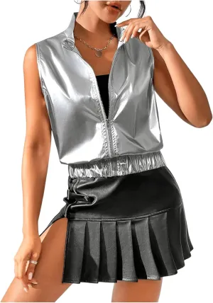 Women's Metallic Zip Front Mock Neck Collar Crop Tank Top Sleeveless Vest Jacket