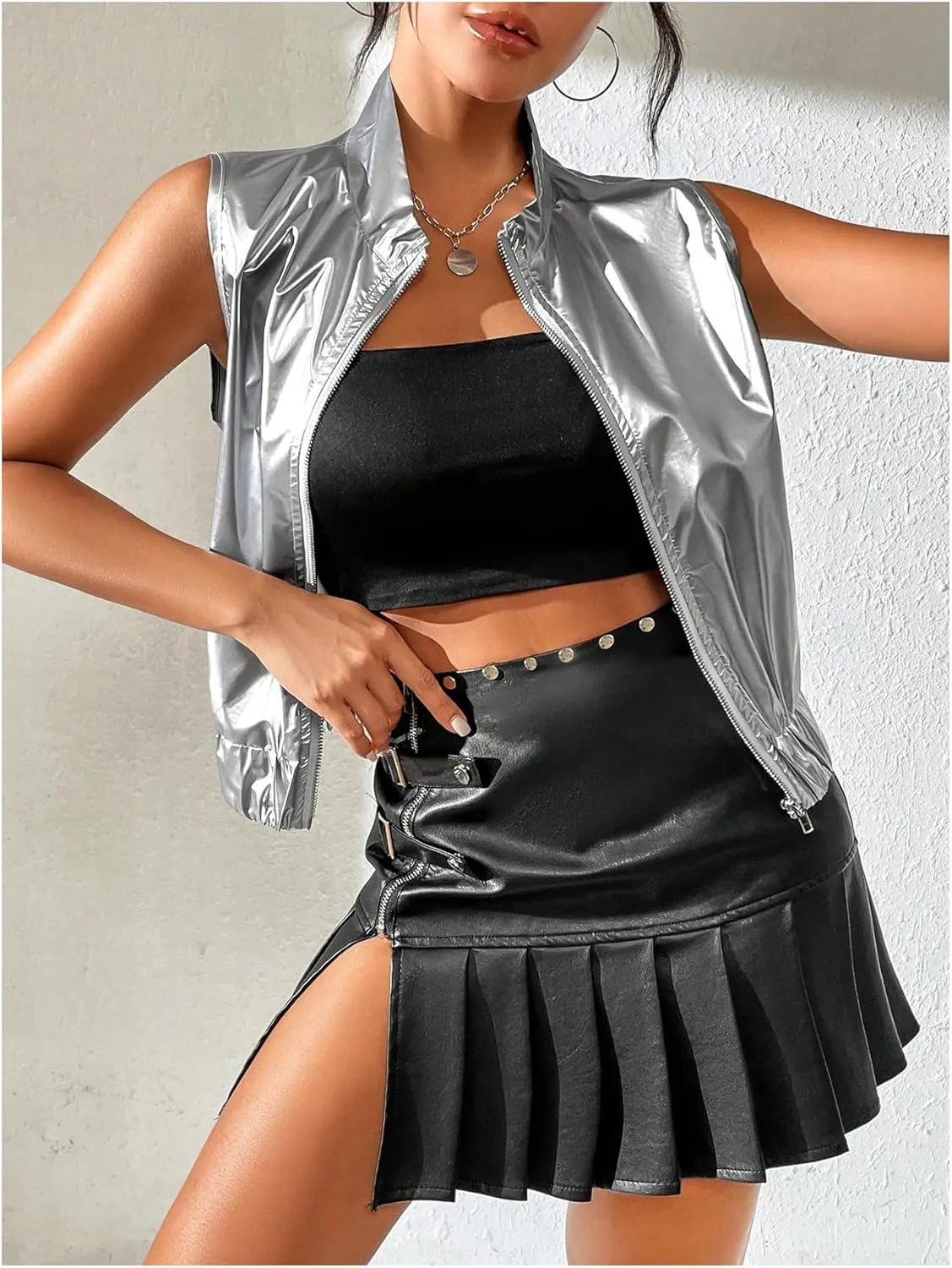 Women's Metallic Zip Front Mock Neck Collar Crop Tank Top Sleeveless Vest Jacket