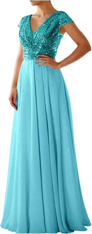 Women's Mother of The Groom Bride Dresses for Wedding Wrap Sparkly Sequin Dress V Neck Formal Evening Prom Gowns