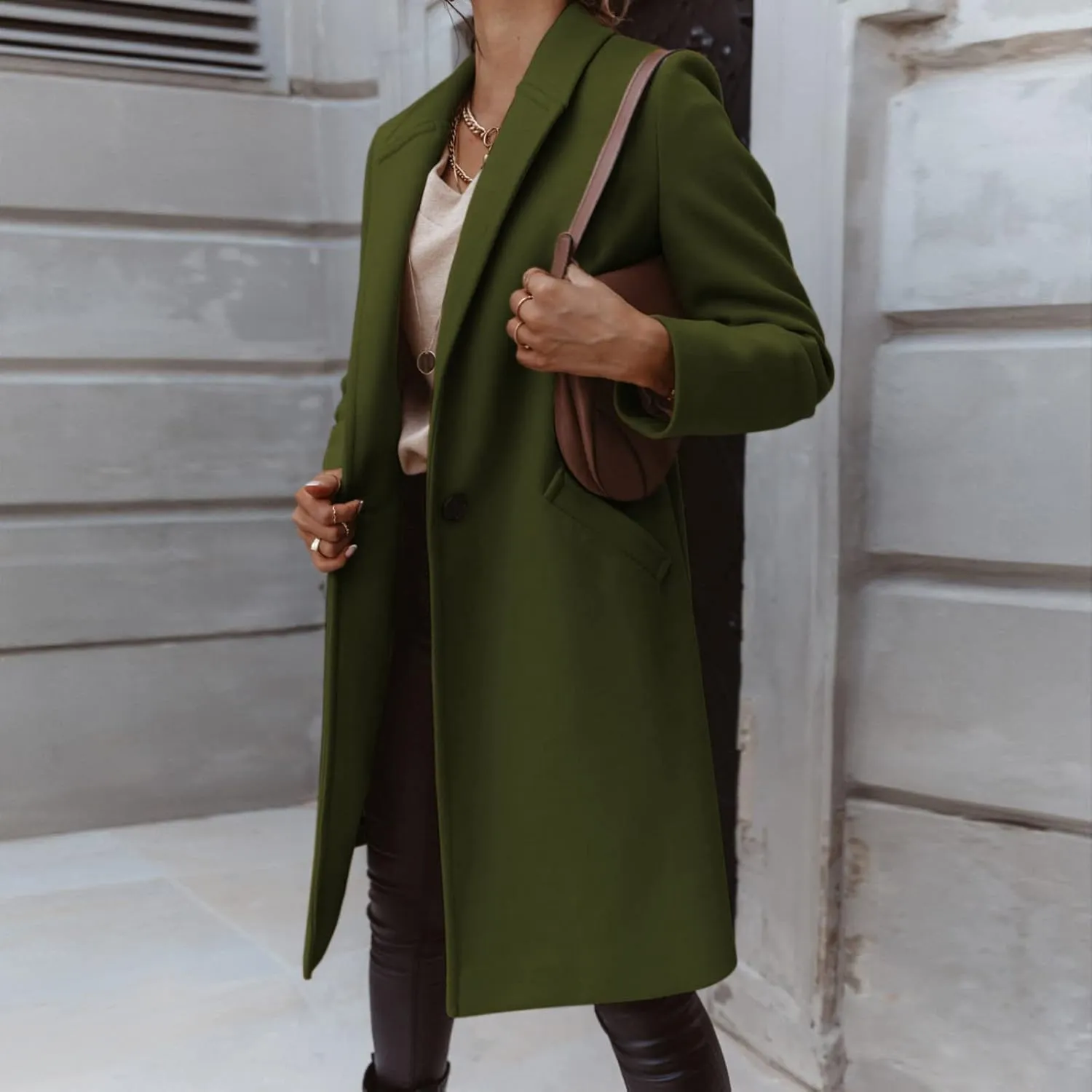 Womens Notch Lapel Cotton Blend Coat Winter Open Front Single Breasted Mid-Long Business Casual Blazers with Pockets