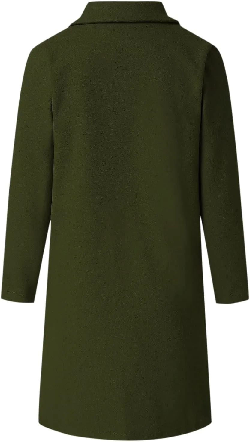 Womens Notch Lapel Cotton Blend Coat Winter Open Front Single Breasted Mid-Long Business Casual Blazers with Pockets