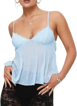 Women's Pleated Camisoles Front Mini Bow Decor Adjustable Spaghetti Straps Lace V-Neck Ruffled Hem Tops