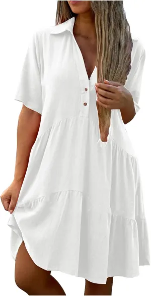 Women's Pleated Flowy T Shirt Dresses Plus Size V Neck Button Up Short Sleeve Midi Dress Loose Fit Tiered Sundress