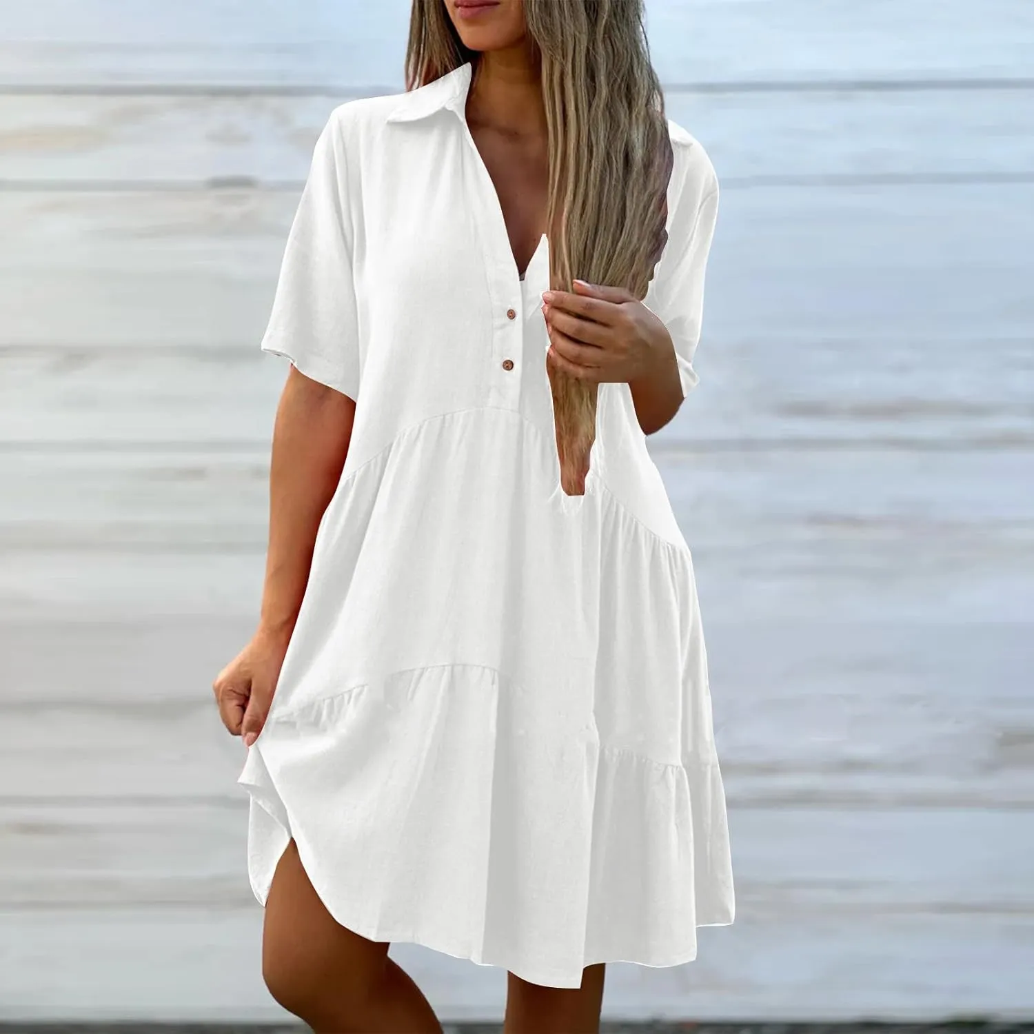 Women's Pleated Flowy T Shirt Dresses Plus Size V Neck Button Up Short Sleeve Midi Dress Loose Fit Tiered Sundress