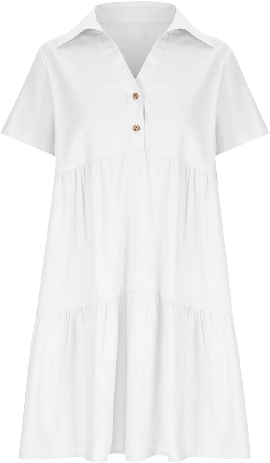 Women's Pleated Flowy T Shirt Dresses Plus Size V Neck Button Up Short Sleeve Midi Dress Loose Fit Tiered Sundress