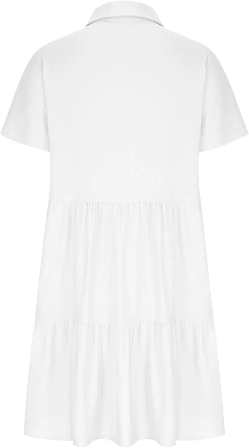 Women's Pleated Flowy T Shirt Dresses Plus Size V Neck Button Up Short Sleeve Midi Dress Loose Fit Tiered Sundress
