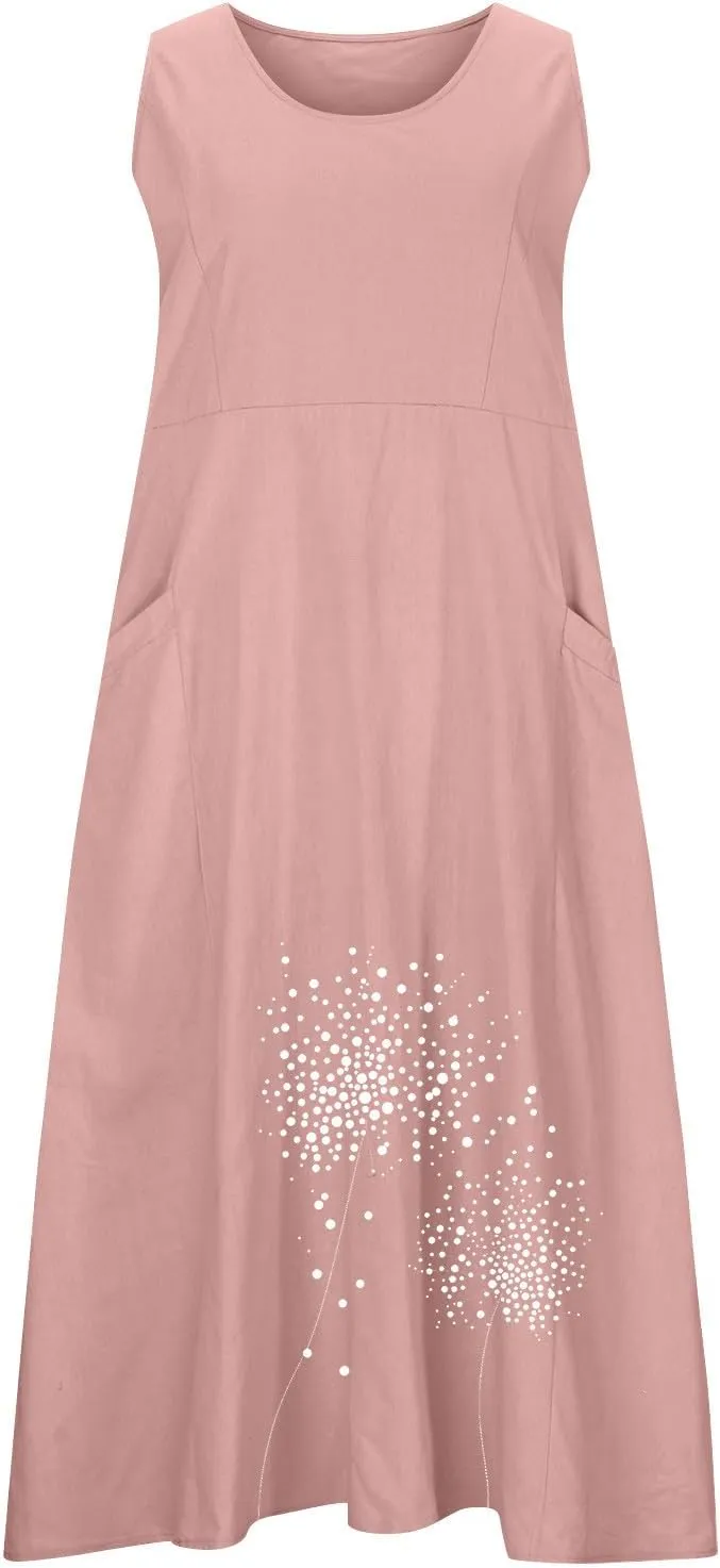 Women's Plus Size Casual Lounge Dress Cotton Linen Floral Printed Sundress Round Neck Sleeveless Flowy Midi Dresses