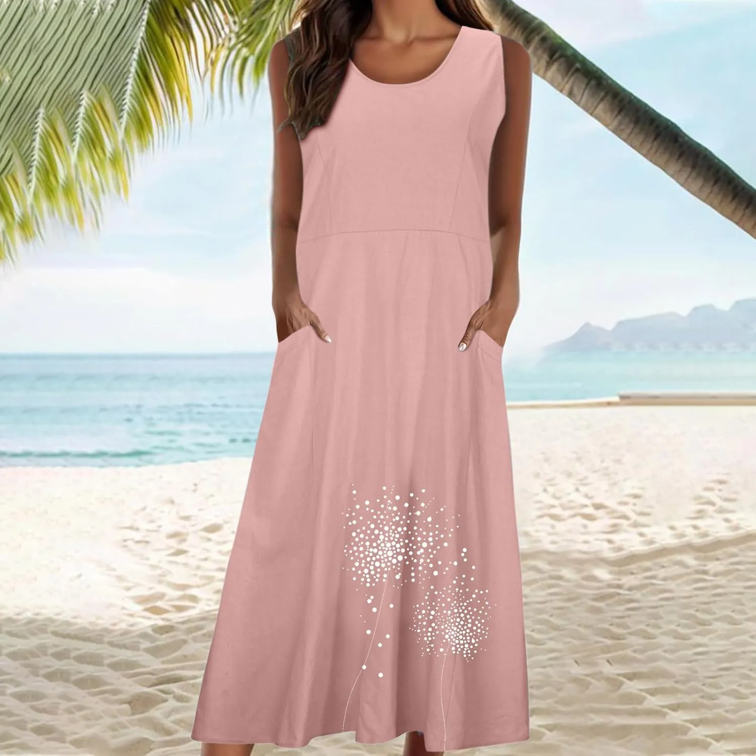 Women's Plus Size Casual Lounge Dress Cotton Linen Floral Printed Sundress Round Neck Sleeveless Flowy Midi Dresses