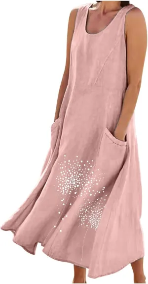 Women's Plus Size Casual Lounge Dress Cotton Linen Floral Printed Sundress Round Neck Sleeveless Flowy Midi Dresses