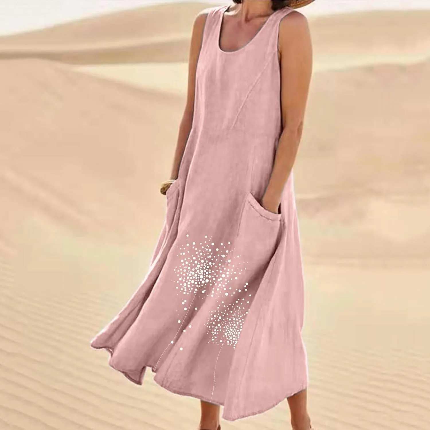 Women's Plus Size Casual Lounge Dress Cotton Linen Floral Printed Sundress Round Neck Sleeveless Flowy Midi Dresses
