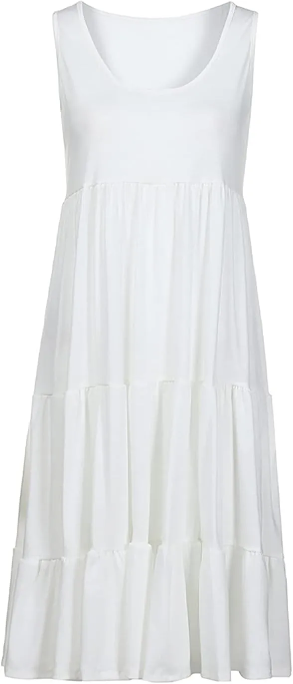 Womens Plus Size Summer Sleeveless Round Neck Swing Dress Solid Color Flowy Tiered Maxi Beach Sundress