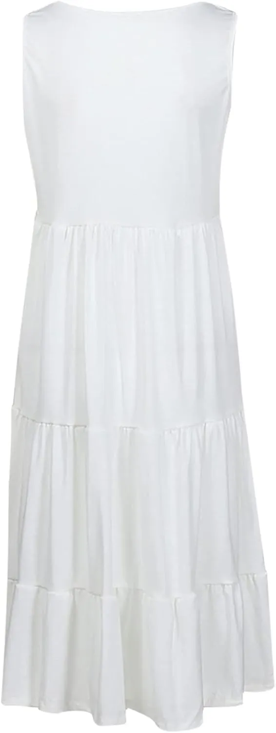 Womens Plus Size Summer Sleeveless Round Neck Swing Dress Solid Color Flowy Tiered Maxi Beach Sundress