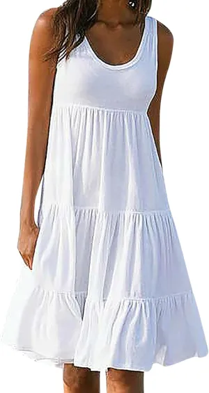 Womens Plus Size Summer Sleeveless Round Neck Swing Dress Solid Color Flowy Tiered Maxi Beach Sundress