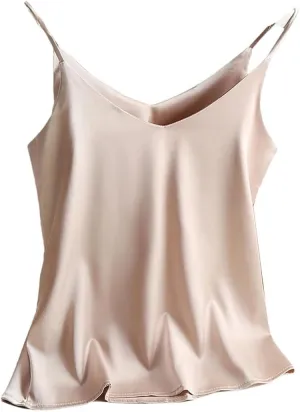 Women's Satin Spaghetti Strap Top V Neck Basic Sleeveless Silk Tank for Spring Summer Female Camisoles