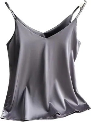 Women's Satin Spaghetti Strap Top V Neck Basic Sleeveless Silk Tank for Spring Summer Female Camisoles