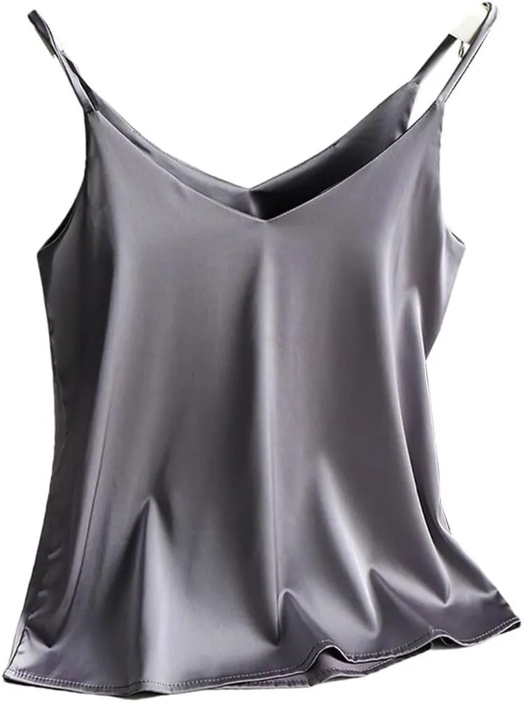 Women's Satin Spaghetti Strap Top V Neck Basic Sleeveless Silk Tank for Spring Summer Female Camisoles