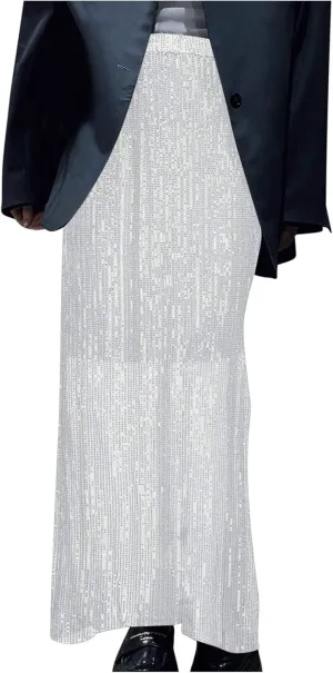 Women's Sequin Skirt for Party Shiny Sparkly A Line Swing Midi Skirt Elastic Wasit Stretch Long Skirts Sparkle Skirt
