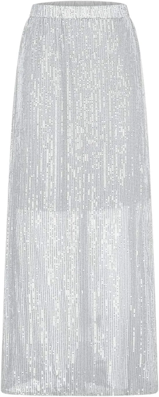 Women's Sequin Skirt for Party Shiny Sparkly A Line Swing Midi Skirt Elastic Wasit Stretch Long Skirts Sparkle Skirt