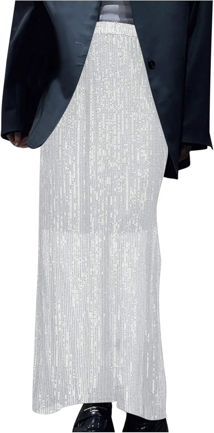 Women's Sequin Skirt for Party Shiny Sparkly A Line Swing Midi Skirt Elastic Wasit Stretch Long Skirts Sparkle Skirt