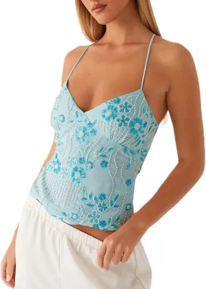 Women's Sequin Tops Sleeveless V Neck Sparkly Pearl Embellished Floral Camisole Backless Going Out Tank Top