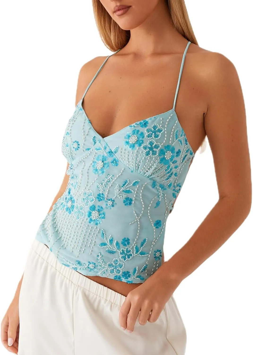 Women's Sequin Tops Sleeveless V Neck Sparkly Pearl Embellished Floral Camisole Backless Going Out Tank Top