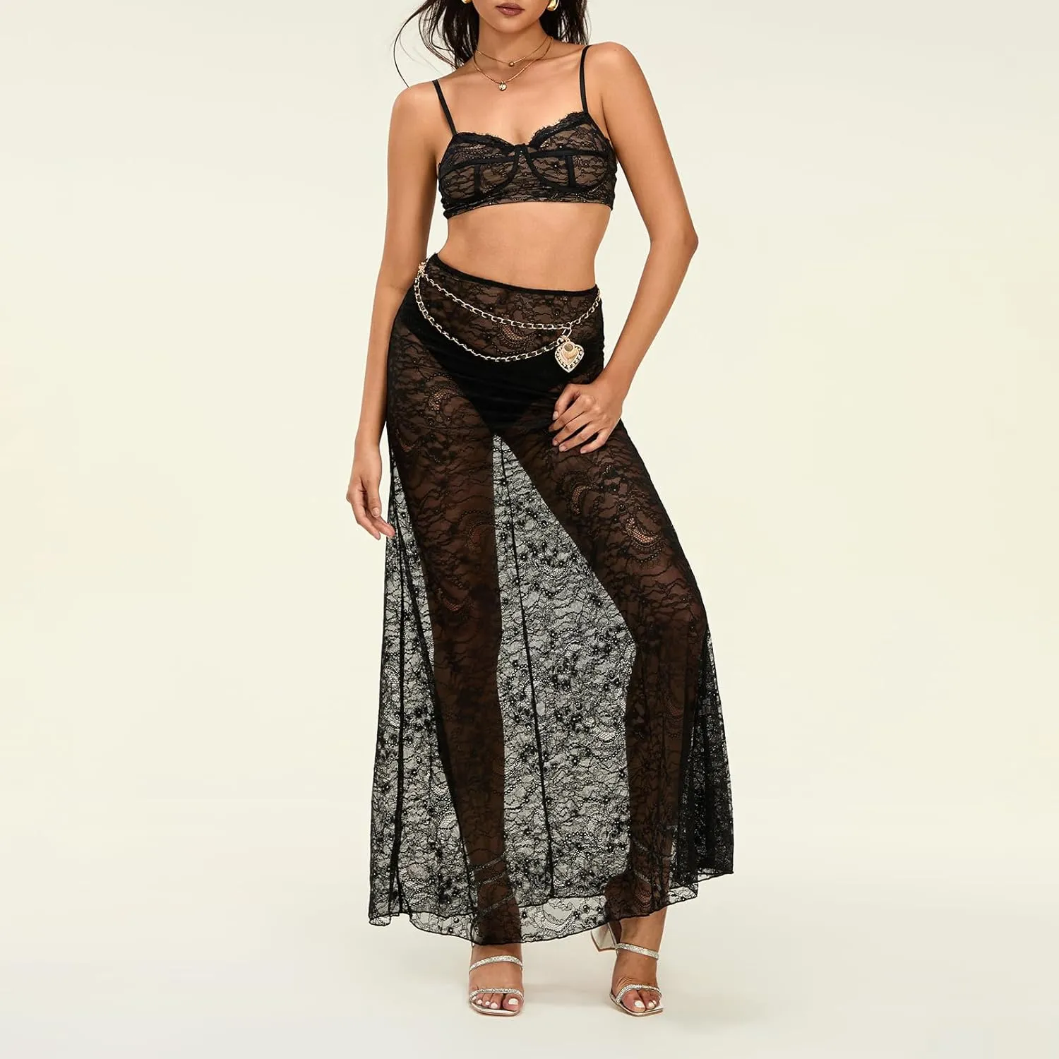Women's Sexy 2 Piece Lingerie Set Lace Sheer See-through Crop Top   Long Skirt Beach Cover Up