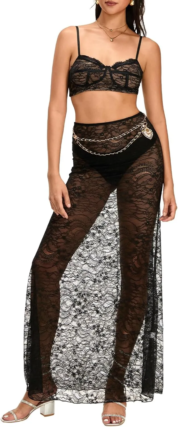 Women's Sexy 2 Piece Lingerie Set Lace Sheer See-through Crop Top   Long Skirt Beach Cover Up