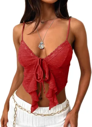 Women's Sexy Lace Up Padded Camisoles Spaghetti Straps V-Neck Ruffle Crop Tops Y2K Cami Shirt Streetwear