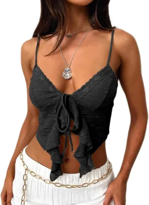 Women's Sexy Lace Up Padded Camisoles Spaghetti Straps V-Neck Ruffle Crop Tops Y2K Cami Shirt Streetwear