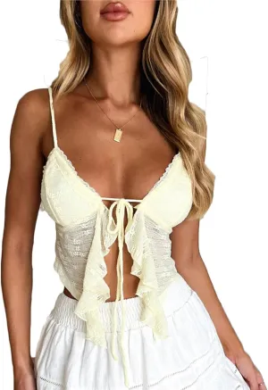 Women's Sexy Lace Up Padded Camisoles Spaghetti Straps V-Neck Ruffle Crop Tops Y2K Cami Shirt Streetwear