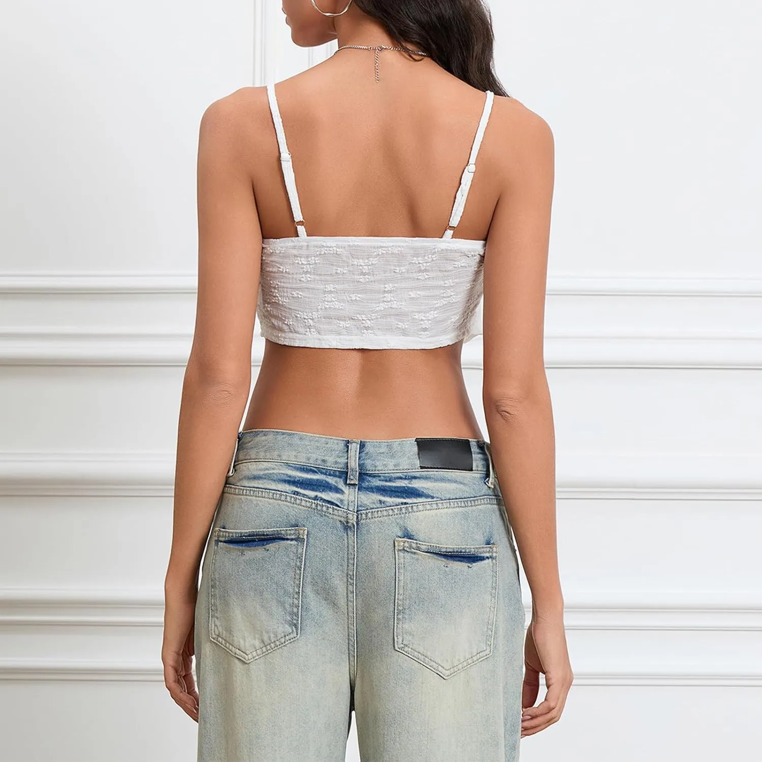 Women's Sexy Lace Up Padded Camisoles Spaghetti Straps V-Neck Ruffle Crop Tops Y2K Cami Shirt Streetwear