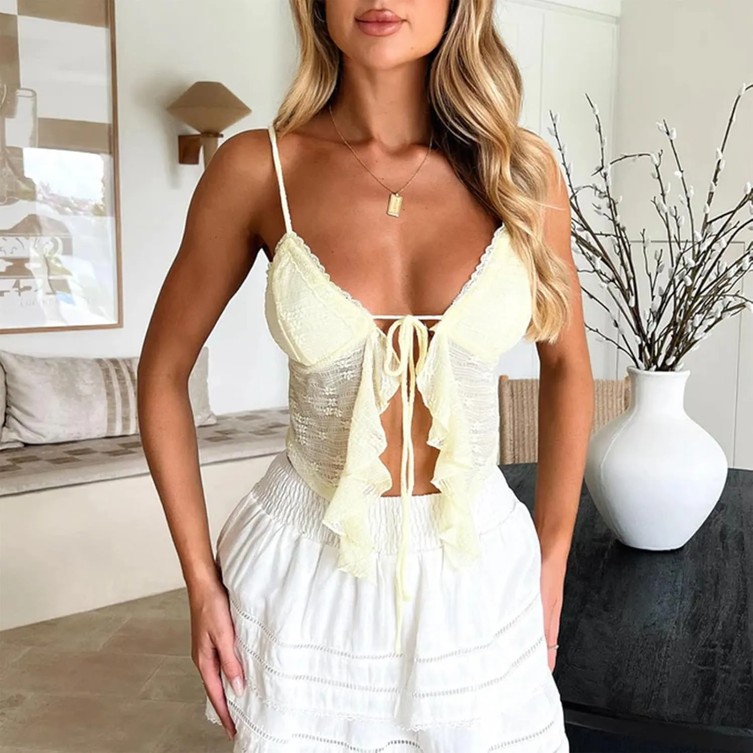 Women's Sexy Lace Up Padded Camisoles Spaghetti Straps V-Neck Ruffle Crop Tops Y2K Cami Shirt Streetwear