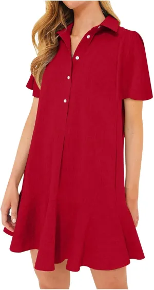 Womens Sleeveless Shirt Dress Ruffle Hem Tank Dress Button V Neck Swing Shift Mini Dresses Lapel Collar Tunic Dress