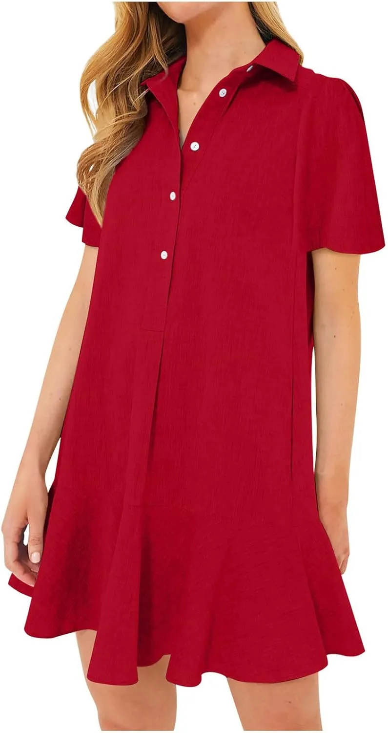 Womens Sleeveless Shirt Dress Ruffle Hem Tank Dress Button V Neck Swing Shift Mini Dresses Lapel Collar Tunic Dress