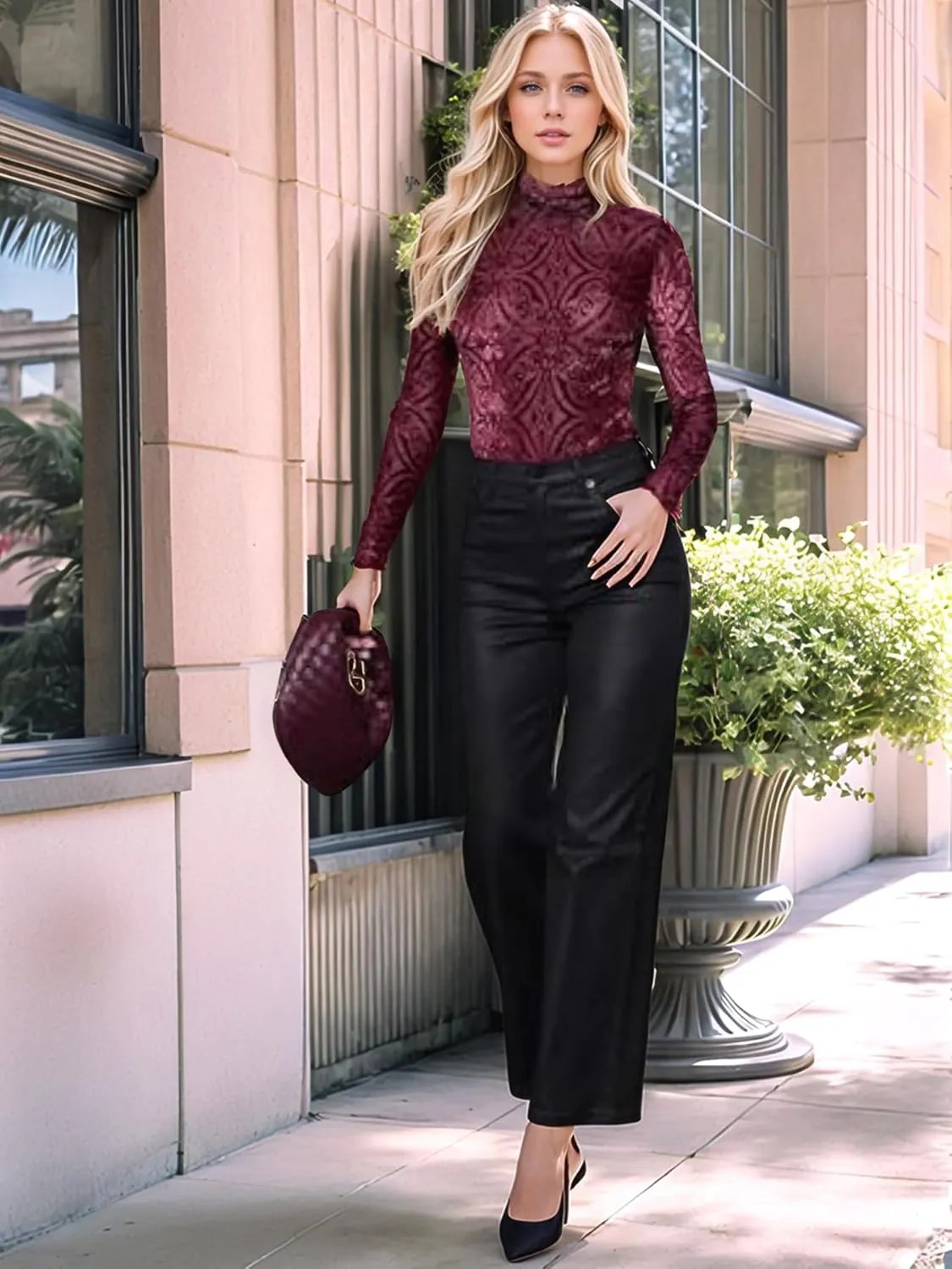 Womens Slim Fit Velvet Burnout Top - Mockneck Long Sleeve Semi See Through Blouse Elegant Shirt for Party/Date/Night Out
