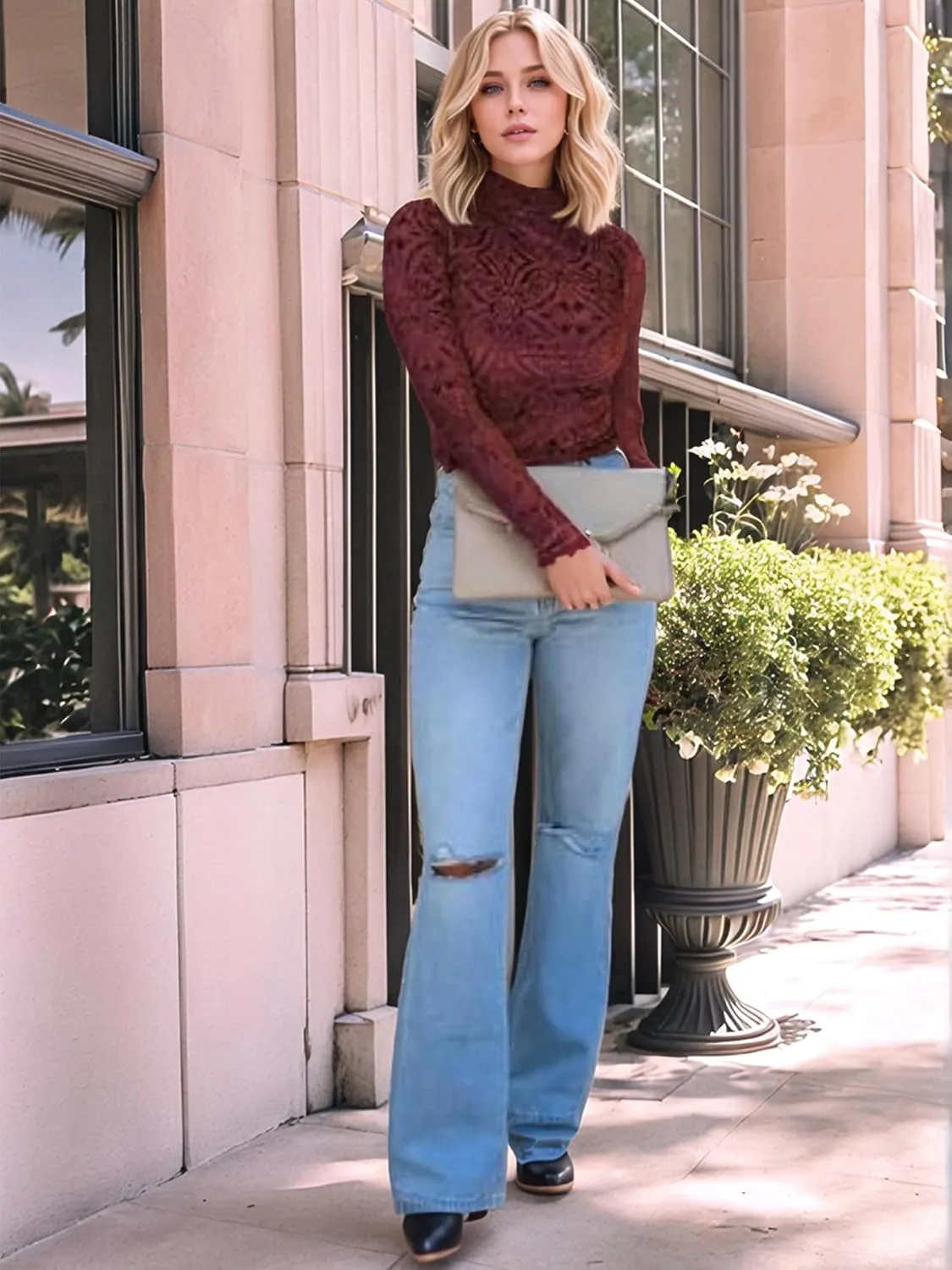 Womens Slim Fit Velvet Burnout Top - Mockneck Long Sleeve Semi See Through Blouse Elegant Shirt for Party/Date/Night Out