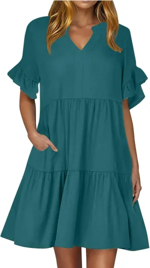 Womens Summer 2025 Trendy Ruffle Short Sleeve V Neck A Line Tiered Flowy Loose Casual Mini Beach Shirt Dress with Pockets