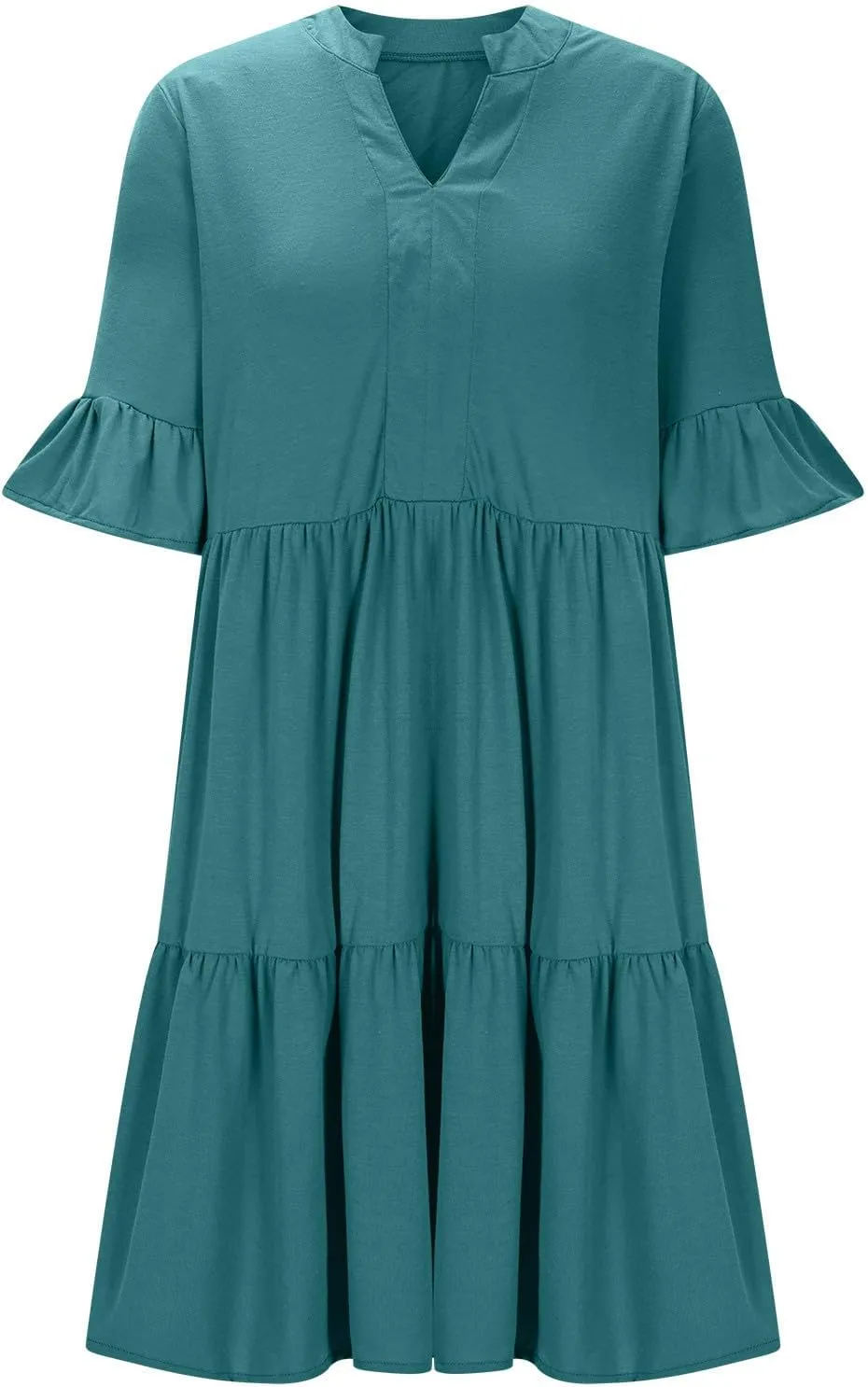 Womens Summer 2025 Trendy Ruffle Short Sleeve V Neck A Line Tiered Flowy Loose Casual Mini Beach Shirt Dress with Pockets