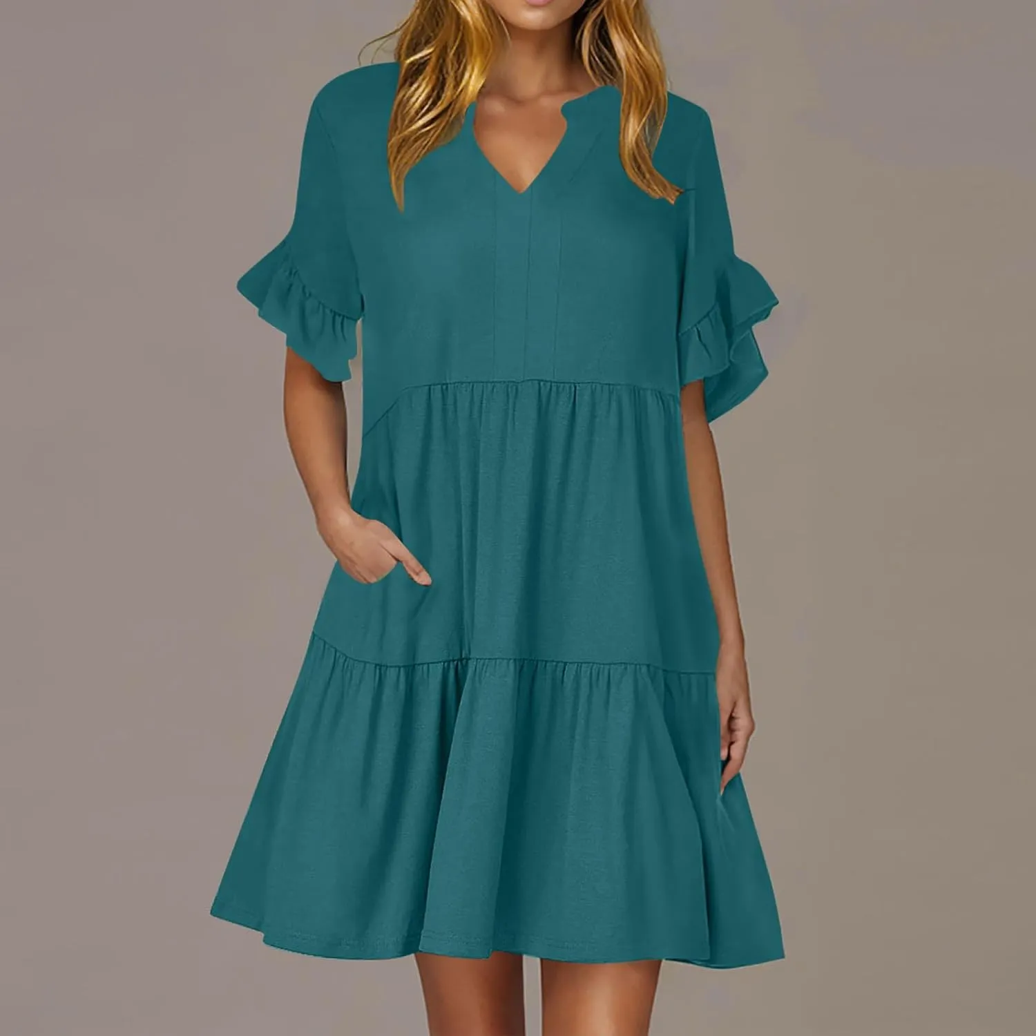 Womens Summer 2025 Trendy Ruffle Short Sleeve V Neck A Line Tiered Flowy Loose Casual Mini Beach Shirt Dress with Pockets