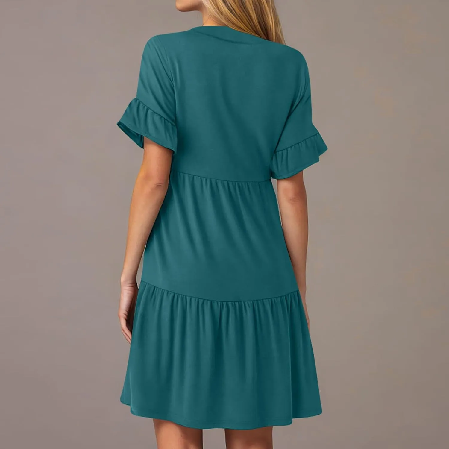 Womens Summer 2025 Trendy Ruffle Short Sleeve V Neck A Line Tiered Flowy Loose Casual Mini Beach Shirt Dress with Pockets