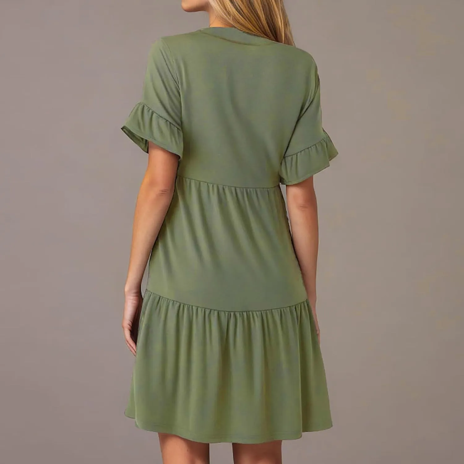 Womens Summer 2025 Trendy Ruffle Short Sleeve V Neck A Line Tiered Flowy Loose Casual Mini Beach Shirt Dress with Pockets