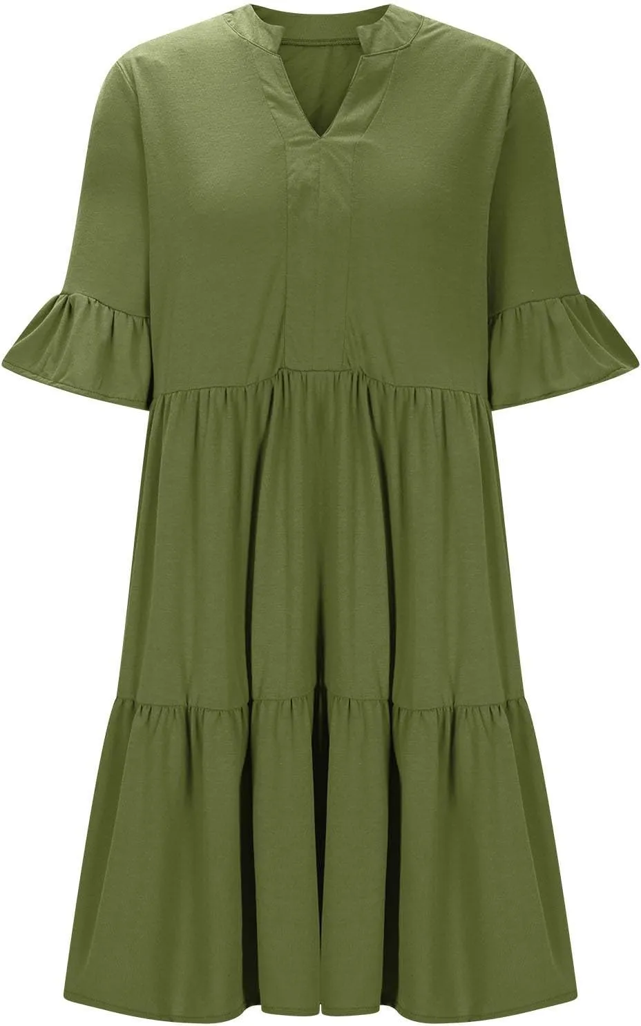 Womens Summer 2025 Trendy Ruffle Short Sleeve V Neck A Line Tiered Flowy Loose Casual Mini Beach Shirt Dress with Pockets