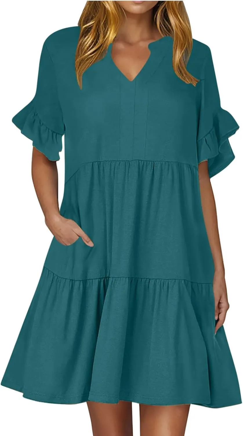 Womens Summer 2025 Trendy Ruffle Short Sleeve V Neck A Line Tiered Flowy Loose Casual Mini Beach Shirt Dress with Pockets