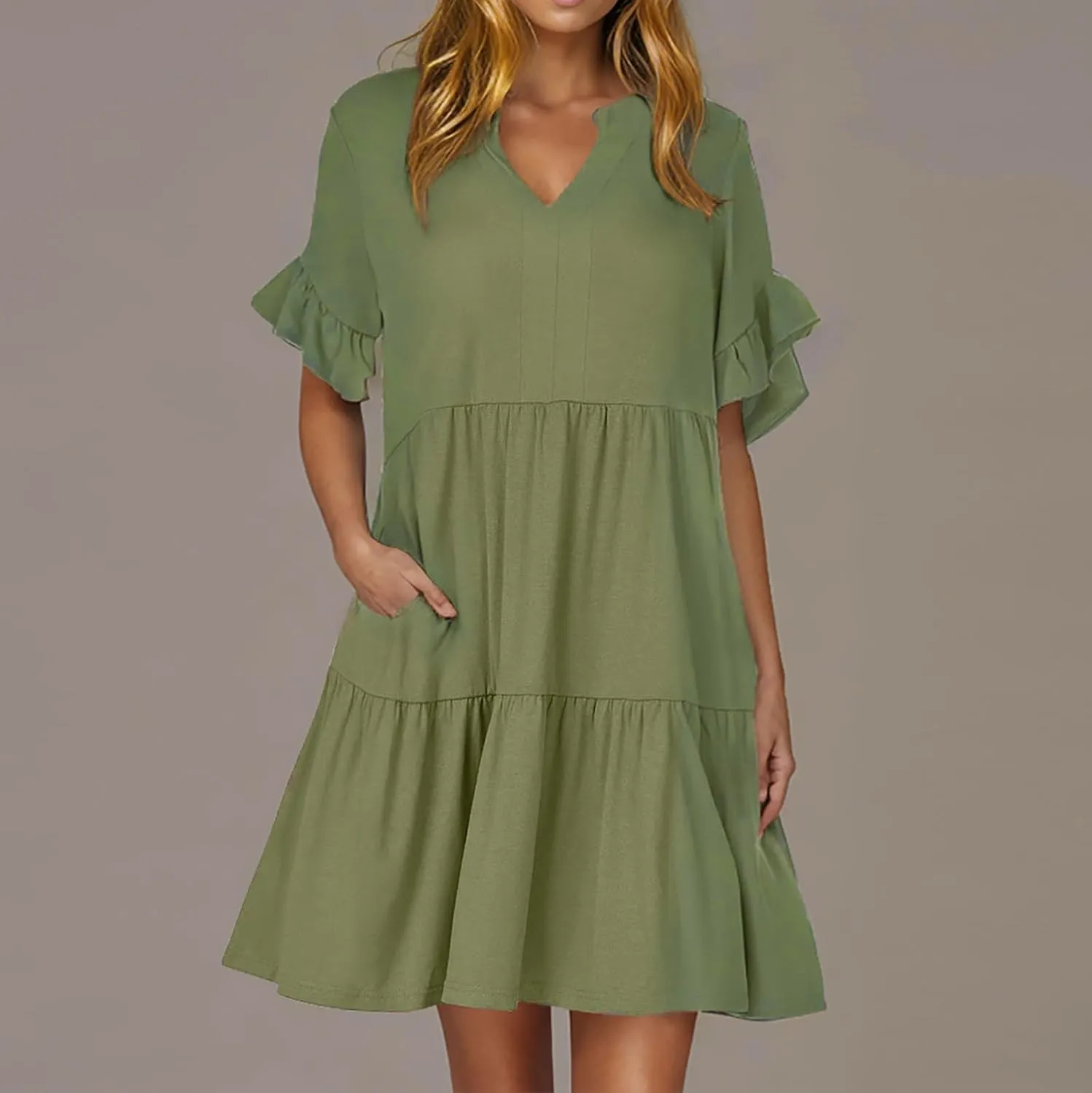 Womens Summer 2025 Trendy Ruffle Short Sleeve V Neck A Line Tiered Flowy Loose Casual Mini Beach Shirt Dress with Pockets