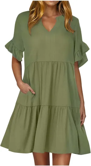 Womens Summer 2025 Trendy Ruffle Short Sleeve V Neck A Line Tiered Flowy Loose Casual Mini Beach Shirt Dress with Pockets