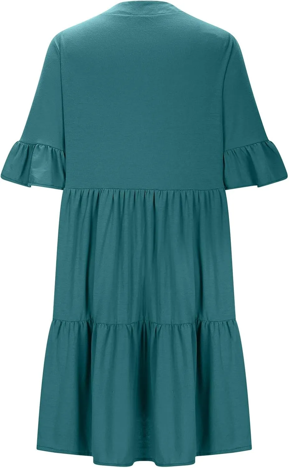 Womens Summer 2025 Trendy Ruffle Short Sleeve V Neck A Line Tiered Flowy Loose Casual Mini Beach Shirt Dress with Pockets