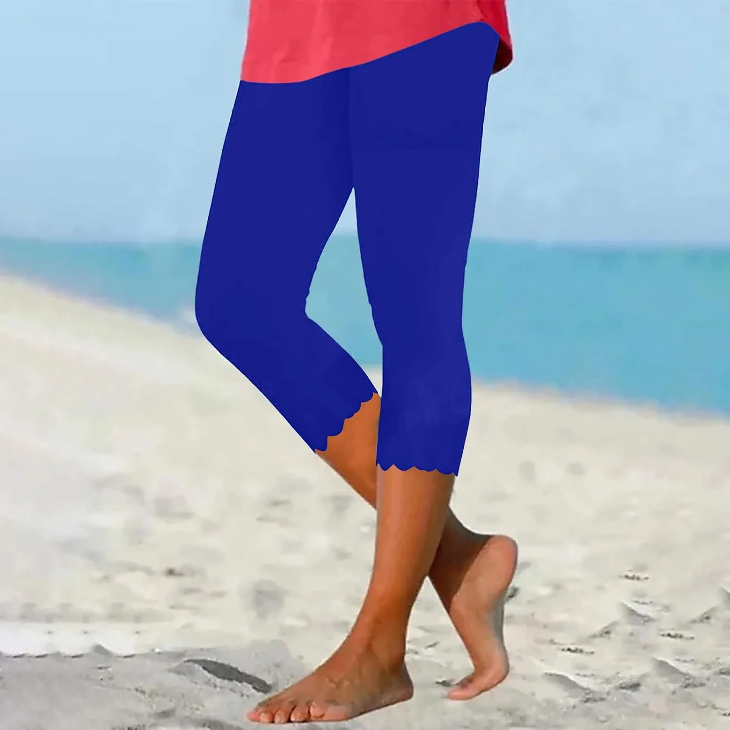 Womens Summer Casual Capri Pants Elastic High Waist Cropped Trousers Slim Fit Straight Leg Joggers Workout Yoga