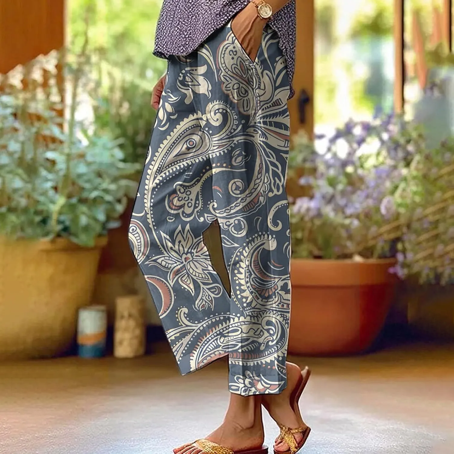 Womens Summer Casual Pants Boho Floral Elastic Waist Straight Leg Trousers Loose Comfy Linen Beach Pants with Pockets