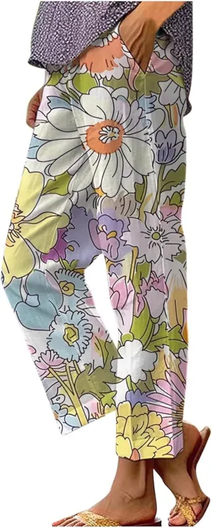 Womens Summer Casual Pants Boho Floral Elastic Waist Straight Leg Trousers Loose Comfy Linen Beach Pants with Pockets